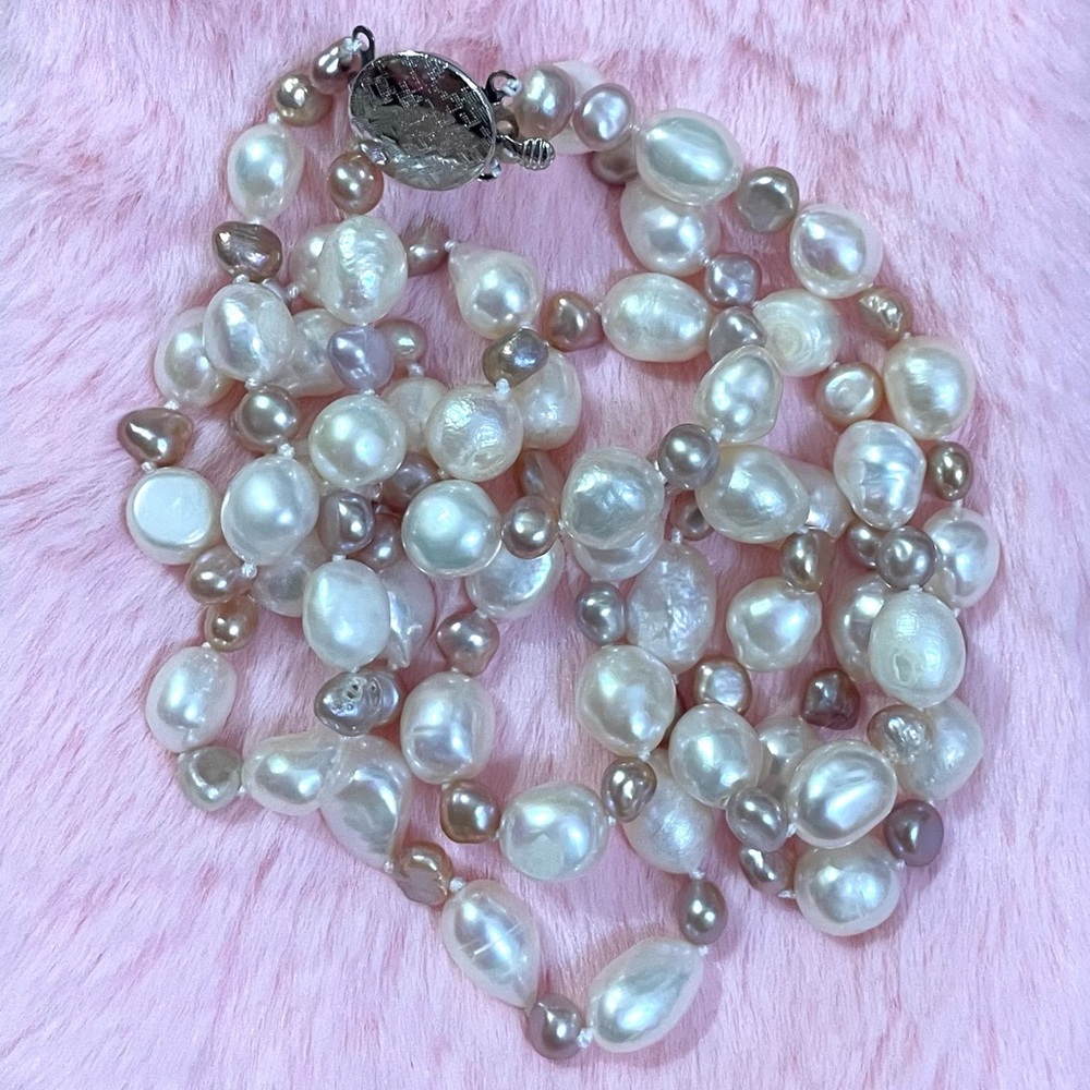 14K White Gold White Purple Baroque South Sea Pearl Double Layered Necklace 20”